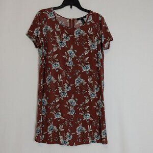 FOREVER 21 Rust Brown/Blue Floral Short Sleeve Flared Mini Dress; Size S